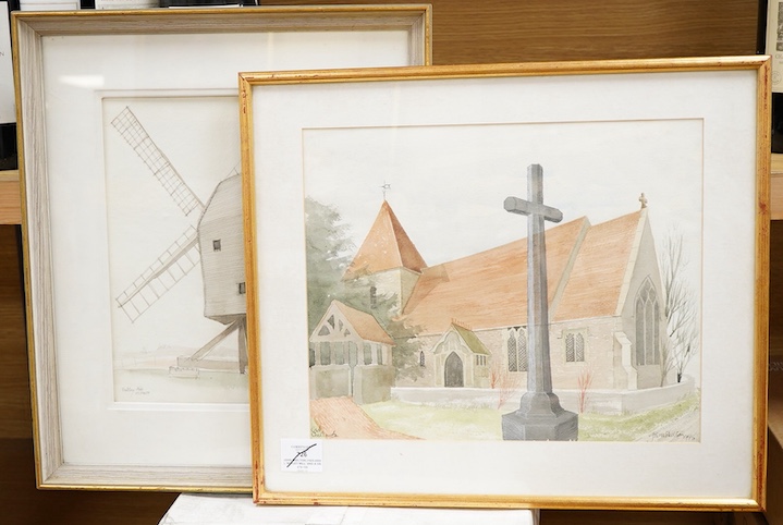 John Skelton (1925-2009), ‘Nutley Mill’ and a view of a church, each signed and dated '79 and 1995, two watercolours, largest 29 x 35cm, Provenance: from the artist's family